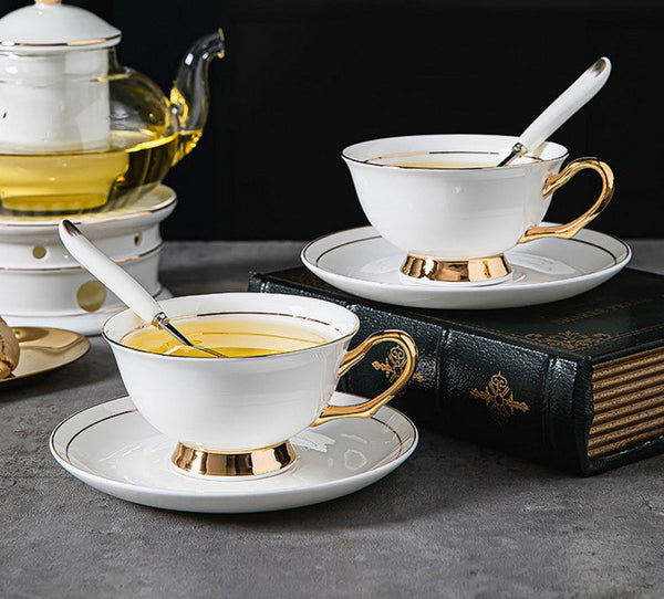 Porcelain Tea Cup Saucer Set, White Ceramic Cups, 7.8 oz British Ceramic Coffee Cups, Unique Tea Cup and Saucer in Gift Box-artworkcanvas
