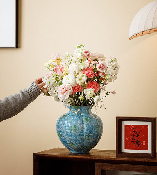 Pottery Flower Vases, Modern Bouquet Flower Vases, Centerpiece on Dining Table, Blue Flower Vase on Table, Handmade Water Holding Flower Vases-artworkcanvas