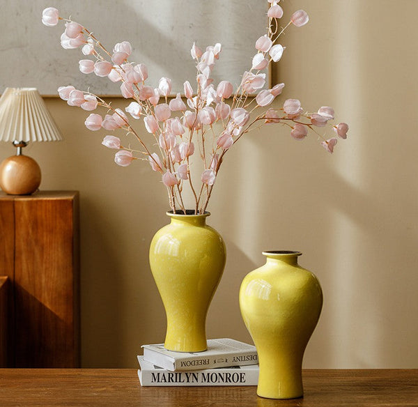 Handmade Water Holding Flower Vase, Yellow Flower Vases on Table, Ceramic Bud Vases, Porcelain Flower Vases-artworkcanvas