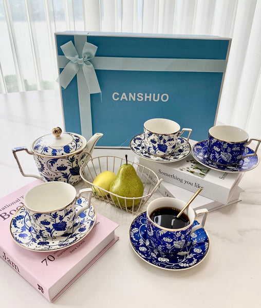 Ceramic Coffee Cup with Saucer in Gift Box, 8 oz Blue Porcelain Tea Cup and Saucer Set of 4 cups, British Traditional Afternoon Tea Cup Set with Teapot-artworkcanvas