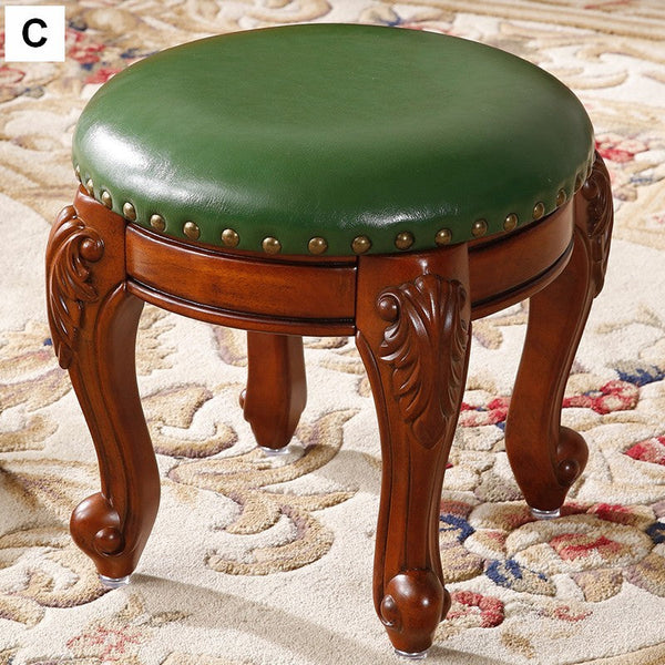 Solid Wood Ottoman, Rubberwood Entry Bench, Vanity Stool, Genuine Leather Solid Wood Entry Bench, Vintage Round Stool-artworkcanvas