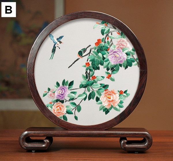 Premium Souvenir, Creative Birthday Gift, Elegant Silk Embroidery Ornaments, Traditional Chinese Suzhou Flower and Birds Silk Embroidery, Exclusive Business Presents-artworkcanvas