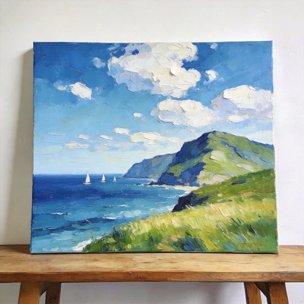 Hand Painted Canvas Art, Sailboats Beneath the Coastal Clouds, Original Small Paintings, Original Oil Paintings, Buy Small Artwork Online, Small Canvas Wall Art Paintings-artworkcanvas