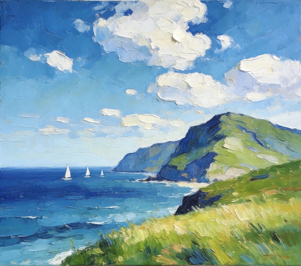 Hand Painted Canvas Art, Sailboats Beneath the Coastal Clouds, Original Small Paintings, Original Oil Paintings, Buy Small Artwork Online, Small Canvas Wall Art Paintings-artworkcanvas