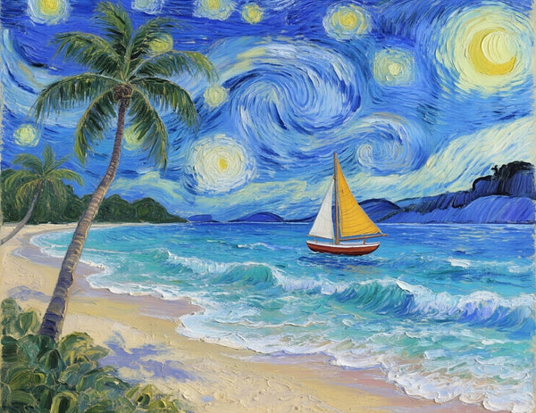Starry Night by the Sea, Original Oil Paintings, Small Landscape Paintings, Small Oil Paintings on Canvas, Small Paintings on Canvas, Hand Painted Canvas Art-artworkcanvas