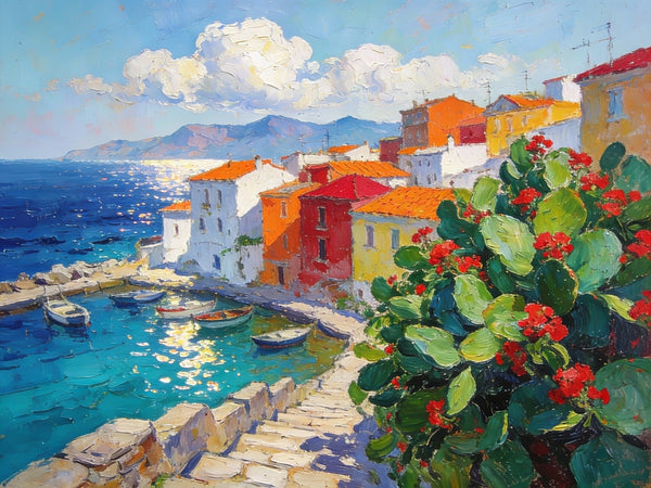 Small Canvas Art, Vibrant Coastal Village, Colorful Houses by the Sea, Original Wall Paintings, On Canvas Small Paintings, Original Artwork Small Paintings, Small Landscape Paintings-artworkcanvas