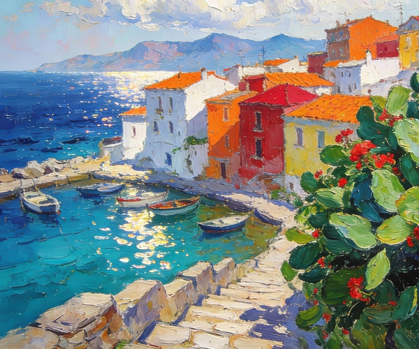 Small Canvas Art, Vibrant Coastal Village, Colorful Houses by the Sea, Original Wall Paintings, On Canvas Small Paintings, Original Artwork Small Paintings, Small Landscape Paintings-artworkcanvas