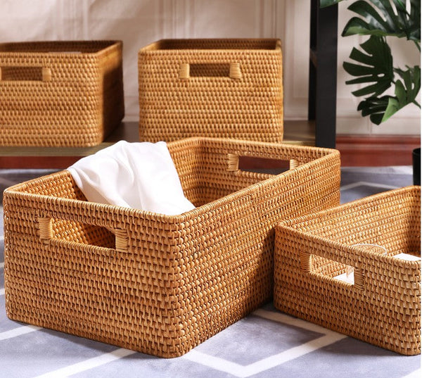 Woven Rattan Storage Baskets for Bedroom, Storage Basket for Shelves, Large Rectangular Storage Baskets for Clothes, Storage Baskets for Kitchen-artworkcanvas