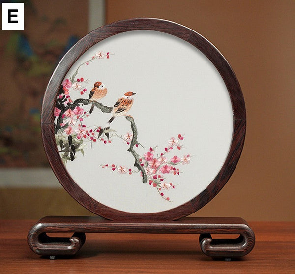 Flower and Birds Silk Embroidery Ornaments, Exclusive Business Presents, Creative Birthday Gift, Premium Souvenir, Traditional Chinese Suzhou Silk Embroidery-artworkcanvas