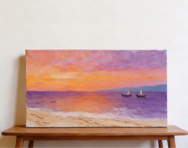Original Seascape Paintings, Amber Dusk Over the Quiet Shore, Sunset Paintings, Small Canvas Wall Art Paintings, Hand Painted Canvas Art-artworkcanvas