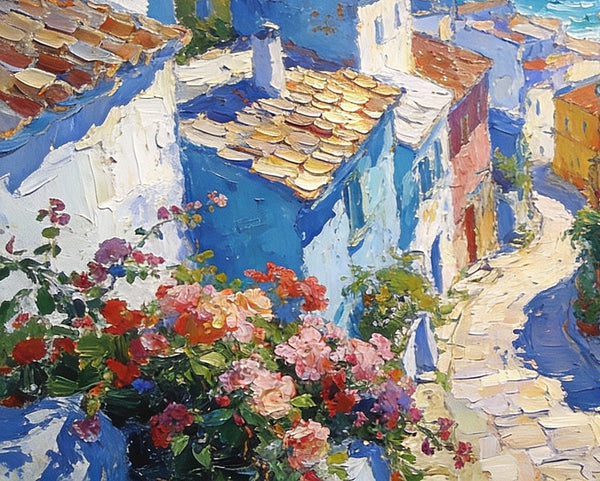 Small Oil Paintings on Canvas, A Mediterranean Seaside Resort Town, Hand Painted Canvas Art, Impasto Artwork, Original Oil Paintings, Small Landscape Paintings on Wall-artworkcanvas