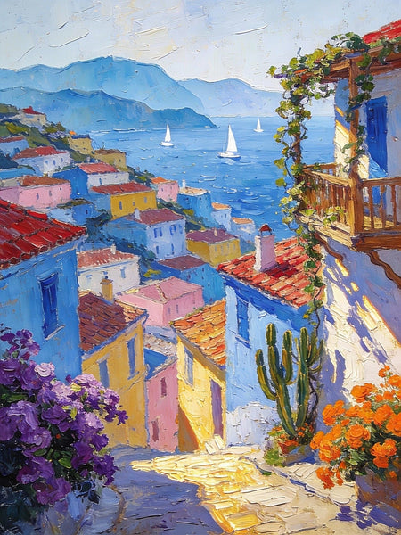 A Seaside Town on the Mediterranean, Seashore Beach, Small Landscape Paintings, Impasto Paintings, Small Paintings on Canvas, Palette Knife Oil Paintings, Original Small Paintings on Canvas-artworkcanvas