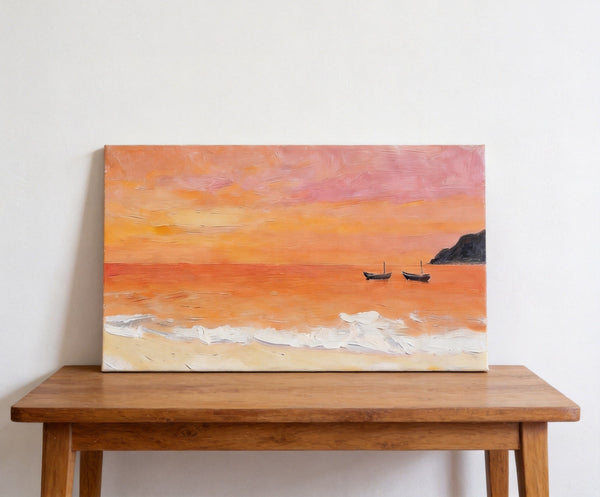 Hand Painted Canvas Artwork, Small Canvas Wall Art Paintings, Sunset Paintings, Boats Adrift in Sunset Glow, Original Seascape Paintings-artworkcanvas