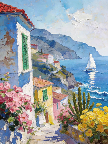 Summer in a Seaside Town, Original Artwork Small Paintings, On Canvas Small Paintings, Palette Knife Artwork, Landscape Canvas Paintings, Hand Painted Canvas Art-artworkcanvas