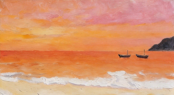 Hand Painted Canvas Artwork, Small Canvas Wall Art Paintings, Sunset Paintings, Boats Adrift in Sunset Glow, Original Seascape Paintings-artworkcanvas