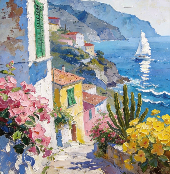 Summer in a Seaside Town, Original Artwork Small Paintings, On Canvas Small Paintings, Palette Knife Artwork, Landscape Canvas Paintings, Hand Painted Canvas Art-artworkcanvas