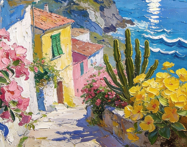 Summer in a Seaside Town, Original Artwork Small Paintings, On Canvas Small Paintings, Palette Knife Artwork, Landscape Canvas Paintings, Hand Painted Canvas Art-artworkcanvas