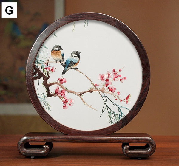 Flower and Birds Silk Embroidery Ornaments, Exclusive Business Presents, Creative Birthday Gift, Premium Souvenir, Traditional Chinese Suzhou Silk Embroidery-artworkcanvas