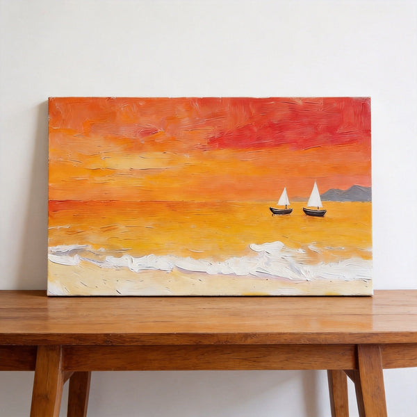 Small Canvas Wall Art Paintings, Original Seascape Paintings, Sailing into the Tangerine Dusk, Seashore Sunset Paintings, Hand Painted Canvas Art-artworkcanvas