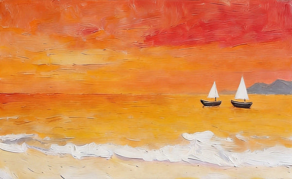 Small Canvas Wall Art Paintings, Original Seascape Paintings, Sailing into the Tangerine Dusk, Seashore Sunset Paintings, Hand Painted Canvas Art-artworkcanvas