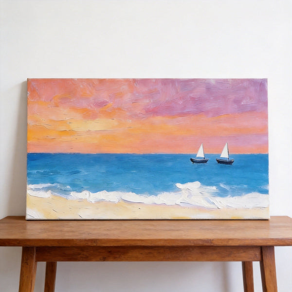 Sunset Paintings, Tranquil Blue Sea at Sunset, Original Seascape Paintings, Small Canvas Wall Art Paintings, Hand Painted Canvas Artwork-artworkcanvas