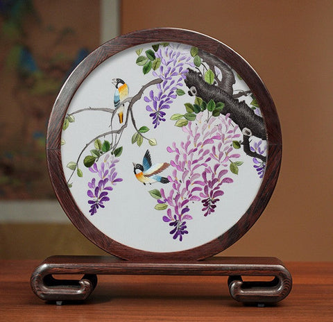 Flower and Birds Silk Embroidery Ornaments, Exclusive Business Presents, Creative Birthday Gift, Premium Souvenir, Traditional Chinese Suzhou Silk Embroidery-artworkcanvas
