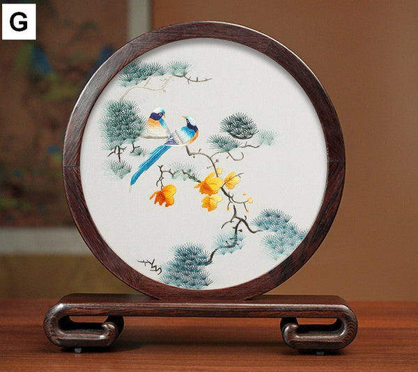 Flower and Bird Embroidery Ornaments, Unique Birthday Gift, Traditional Chinese Suzhou Silk Embroidered Ornament, Premium Souvenir, Exclusive Business Presents-artworkcanvas