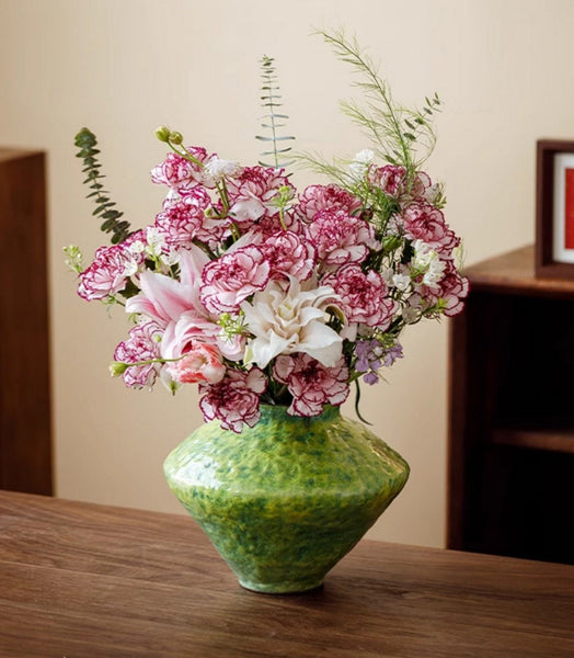 Modern Pottery Flower Vases, Handmade Water Holding Flower Vases, Pottery Bud Vases, Large Green Flower Vases on Table, Centerpiece on Dining Table-artworkcanvas