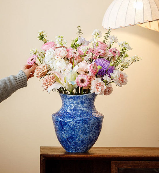 Modern Pottery Flower Vases, Handmade Water Holding Flower Vases, Centerpiece on Dining Table, Blue Pottery Bud Vases, Large Flower Vases on Table-artworkcanvas
