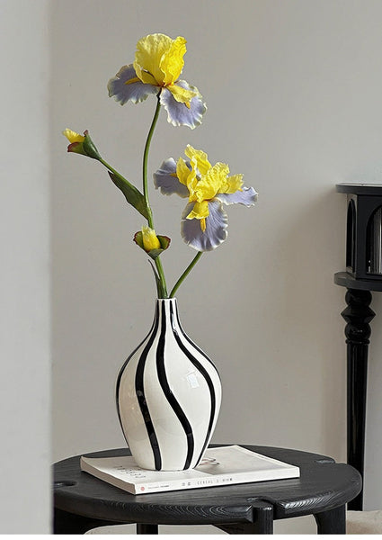 Water Holding Flower Vases, Black and White Striped Ceramic Vase, Porcelain Flower Vases, Modern Flower Vases on Table-artworkcanvas