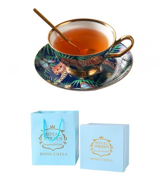 Creative Leopard Ceramic Coffee Cups, 6.8 oz Tea Cup and Saucer in Gift Box as Birthday Gift, Beautiful British Tea Cups, Creative Porcelain Tea Cup Set-artworkcanvas