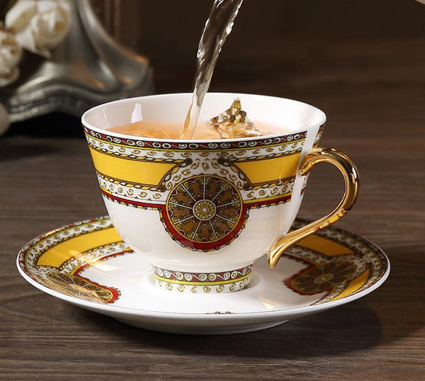 Handmade Beautiful British Tea Cups, Creative Bone China Porcelain Tea Cup Set, Yellow Royal Ceramic Coffee Cups, Unique Tea Cups and Saucers-artworkcanvas