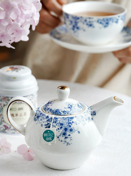 British Style Porcelain Teapot with Matching Cup and Saucer in Gift Box, Ceramic Tea Pot with Integrated Cup, Stackable Teapot and Cup Set, Mother-and-Baby Teapot with Matching Saucer-artworkcanvas