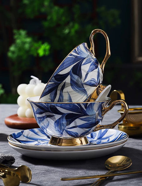 Blue Porcelain Tea Cup Saucer Set, 7.4 oz British Ceramic Coffee Cups, Unique British Tea Cup and Saucer in Gift Box-artworkcanvas
