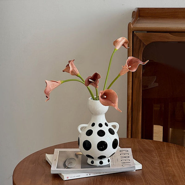 Ceramic Bud Vases, Small Flower Vases on Table, Black and White Polka Dot Flower Vase, Modern Porcelain Flower Vases, Handmade Water Holding Flower Vases-artworkcanvas