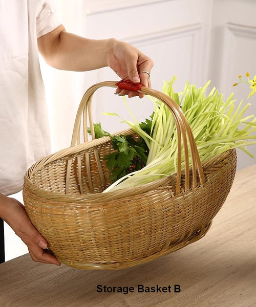 Extra Large Picnic Food Basket with Handle, Lovely Bamboo Baskets for Vegetable, Natural Hand-woven Bamboo Basket, Natural Fruit Basket, Kitchen Storage Baskets-artworkcanvas