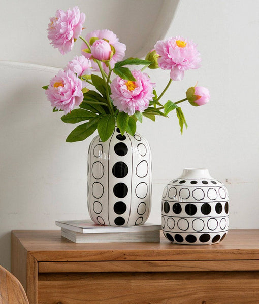 Ceramic Bud Vases, Black and White Polka Dot Flower Vase, Small Flower Vases on Table, Modern Porcelain Flower Vases, Handmade Water Holding Flower Vases-artworkcanvas