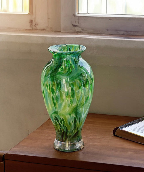 Large Green Glass Flower Vases, Modern Glass Flower Vases, Water Holding Flower Vases, Handmade Flower Vases on Table-artworkcanvas
