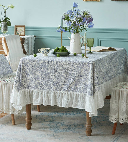 Cotton Rectangle Tablecloth for Dining Room Table, Natural Spring Farmhouse Table Cloth, Blue Flower Pattern Cotton Tablecloth, Square Tablecloth for Round Table-artworkcanvas