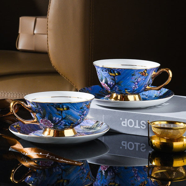 Blue Bird and Butterfly Porcelain Tea Cup Saucer Set, 7.4 oz British Tea Cup and Saucer in Gift Box, Elegant British Ceramic Coffee Cups-artworkcanvas