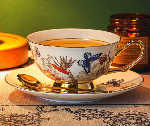 Ceramic Coffee Cups in Gift Box, Butterfly Pattern Porcelain Tea Cup and Saucer Set, British Traditional Afternoon Tea Cup and Saucer Set-artworkcanvas