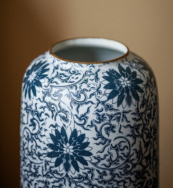 Vintage Bouquet Flower Vases, Centerpiece on Dining Table, Large Blue Flower Vase on Table, Handmade Porcelain Flower Vases Urn, Water Holding Flower Vases-artworkcanvas