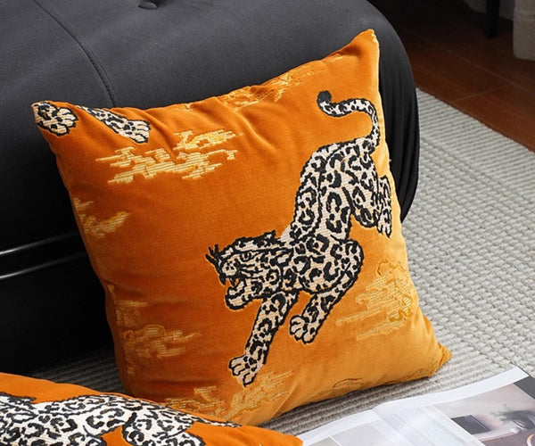 Contemporary Modern Sofa Pillows, Yellow Embroidery Tiger Pattern Pillows for Couch, Decorative Throw Pillows for Bedroom, Large Modern Sofa Pillow for Living Room-artworkcanvas
