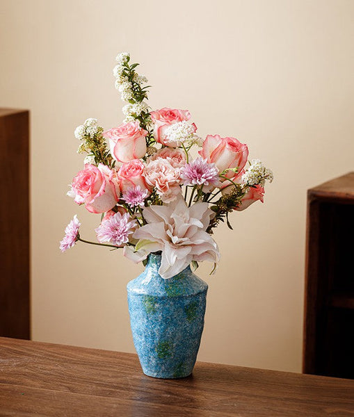 Centerpiece on Dining Table, Blue Flower Vase on Table, Handmade Water Holding Flower Vases, Pottery Flower Vases, Modern Bouquet Flower Vases-artworkcanvas