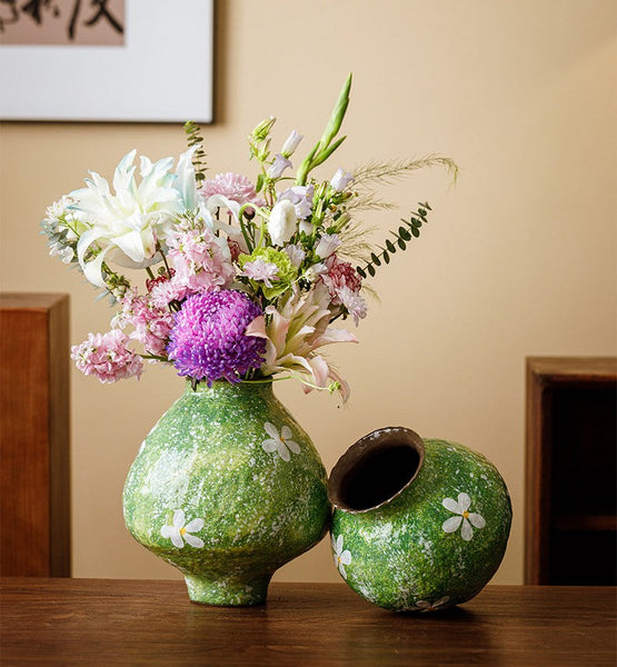 Modern Pottery Flower Vases, Centerpiece on Dining Table, Handmade Water Holding Flower Vases, Pottery Bud Vases, Large Green Flower Vases on Table-artworkcanvas