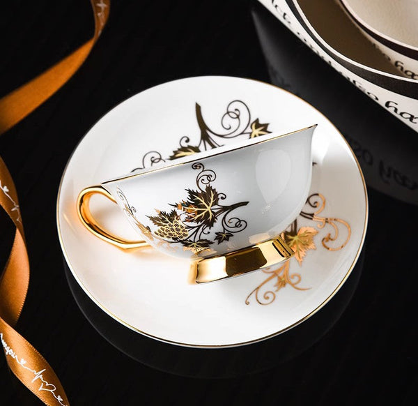 Golden Leaves and Grapes Bone China Porcelain Tea Cup Set, Unique British Tea Cup and Saucer in Gift Box, Elegant British Ceramic Coffee Cups