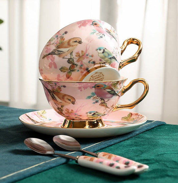 Lovely Birds Ceramic Cups, Elegant Ceramic Coffee Cups, Afternoon Porcelain Tea Cup Saucer Set, Unique Tea Cup and Saucer in Gift Box-artworkcanvas