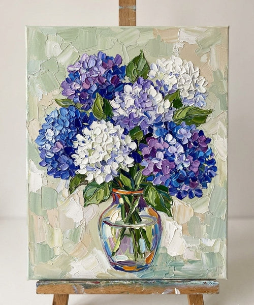 Original Oil Paintings, Hand Painted Canvas Art, Original Flower Paintings, Blue and White Hydrangea Flowers in Glass Vase, Small Canvas Artwork, Impasto Canvas Artwork