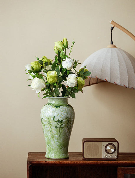 Large Flower Vases on Table, Green Porcelain Flower Vases, Centerpiece Ceramic Bud Vases, Handmade Water Holding Flower Vase-artworkcanvas