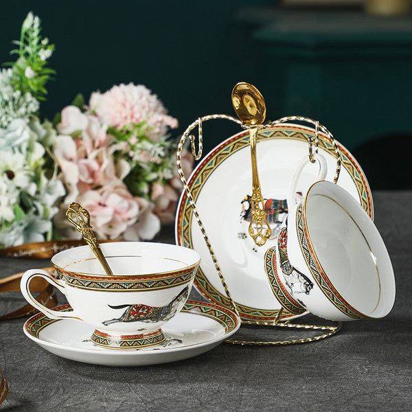 Elegant British Horse Pattern Coffee Cup with Saucer, 7.4 oz Ceramic Tea Cup and Saucer in Gift Box, Porcelain Tea Cup and Saucer Set-artworkcanvas